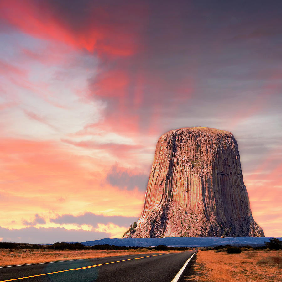 Long Road to Devils Tower Sunset Mixed Media by Bob Pardue