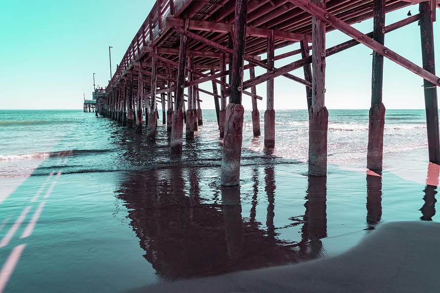 Long Shadows in Mint Green and Pink - Californian Cool Under the Newport Beach Pier Photograph by Georgia Mizuleva