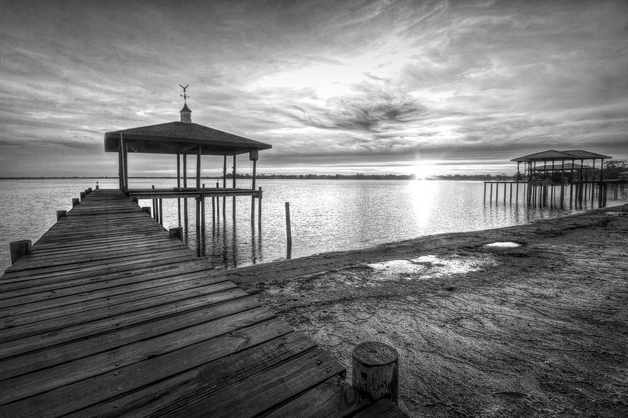 Long Sunset Dock Black and White Photograph by Debra and Dave Vanderlaan