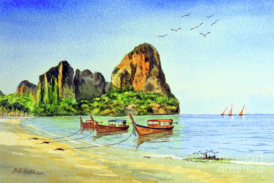 Long-tail Boats At Railay Beach Krabi Thailand Painting by Bill Holkham