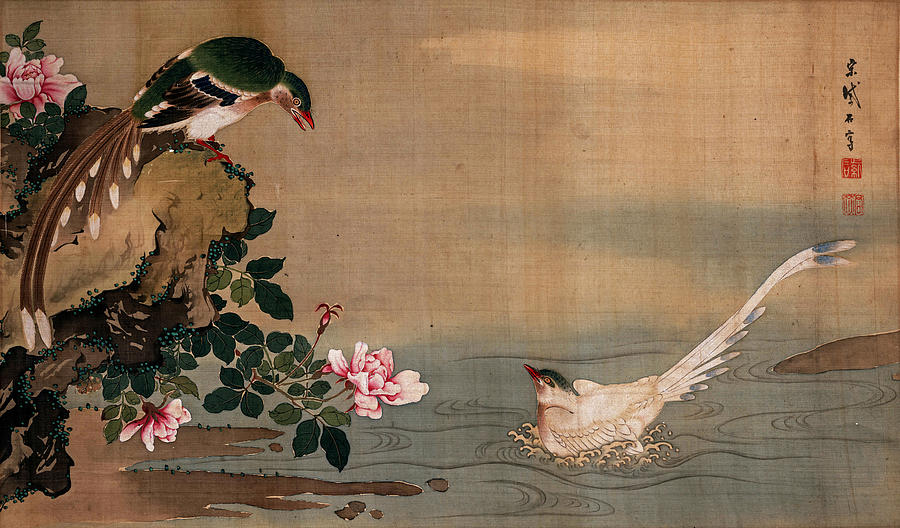 Long-tailed Birds and Roses, late 18th century So Shiseki Painting by Artistic Rifki