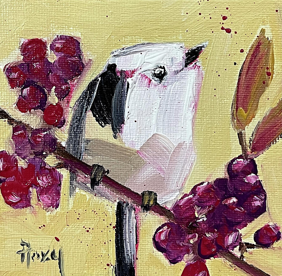 Long Tailed Tit with Berries Painting by Roxy Rich