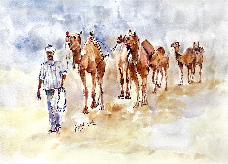 Camel Painting - Long way by Khalid Saeed