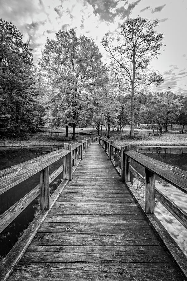 Long Wooden Fishing Dock in Autumn in Black and White Photograph by Debra and Dave Vanderlaan