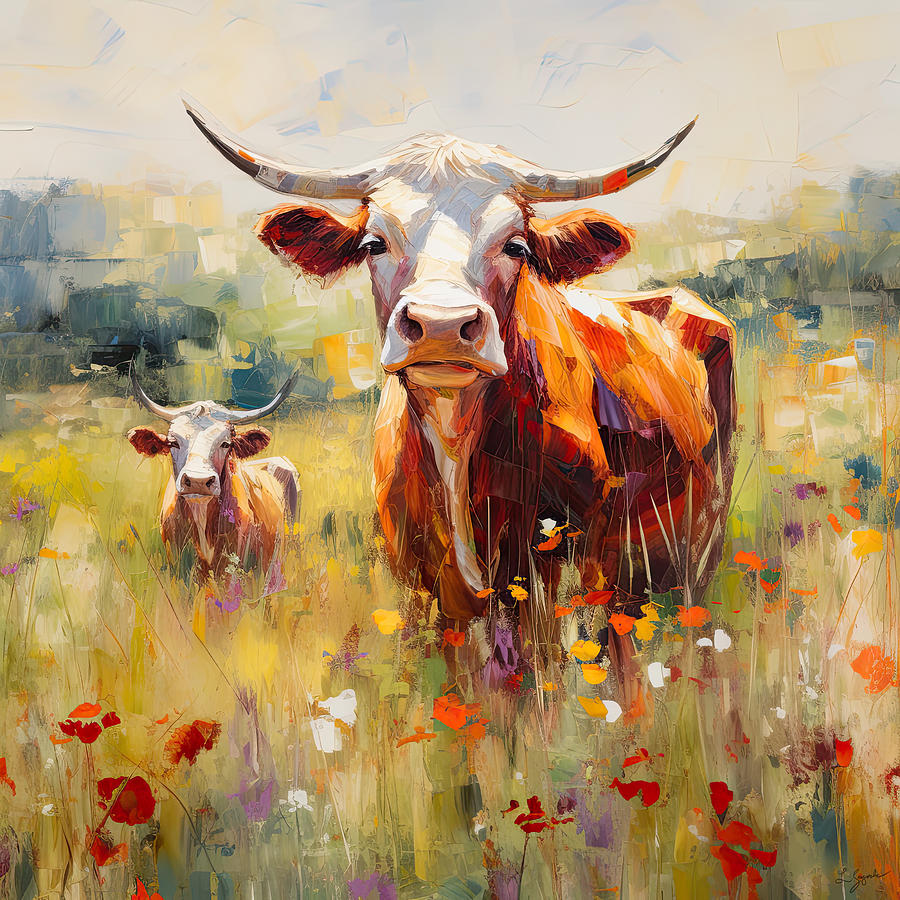Longhorns in a Field of Flowers - Texas Art Painting by Lourry Legarde