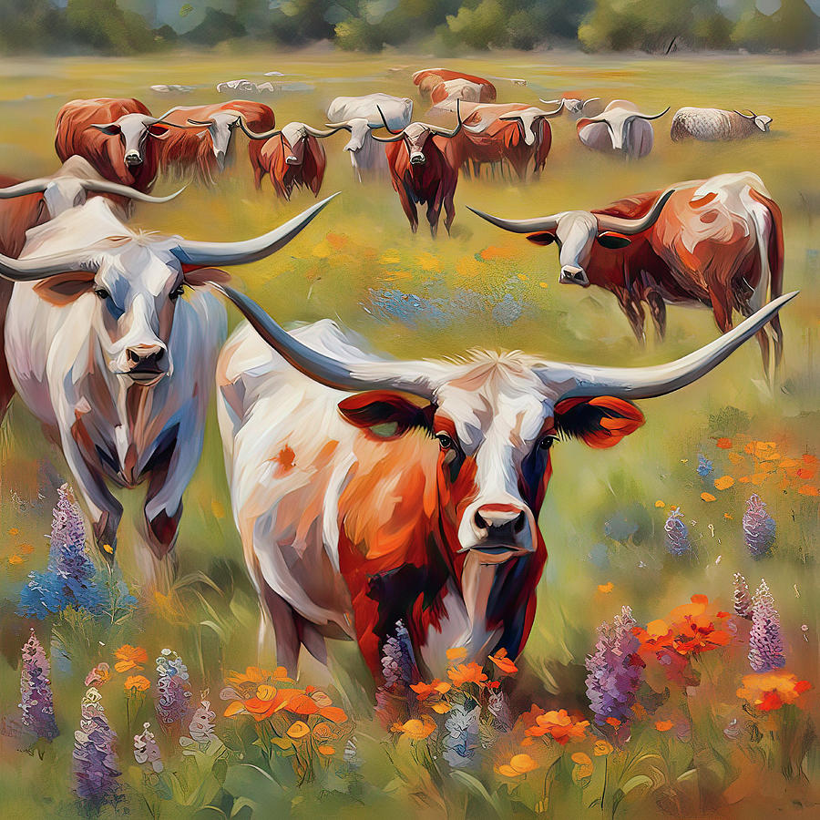 Longhorns In The Meadow  Digital Art by HH Photography of Florida