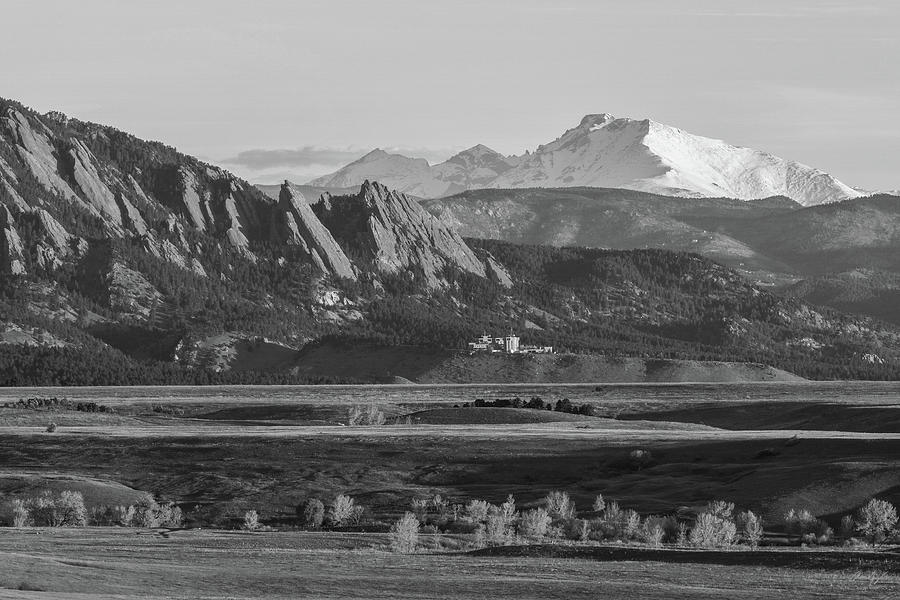 Longs Peak and the Flatirons Black and White Photograph by Aaron Spong