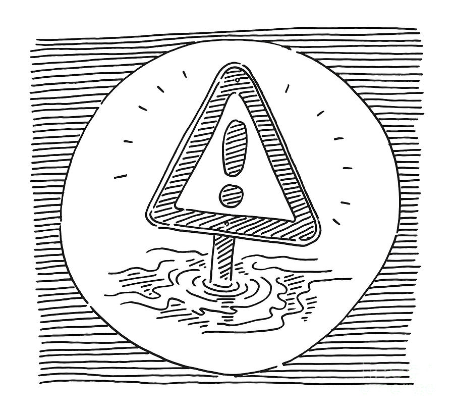 Black And White Drawing - Looking At Flood Warning Sign Drawing by Frank Ramspott
