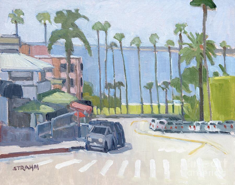 Looking Down Girard Ave at Palms Along Coast Blvd - La Jolla, San Diego, California Painting by Paul Strahm