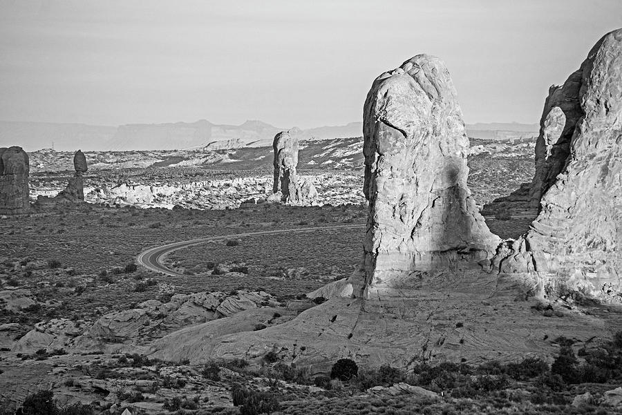 Looking down on Arches National Park in Moab Utah Black and White Photograph by Toby McGuire