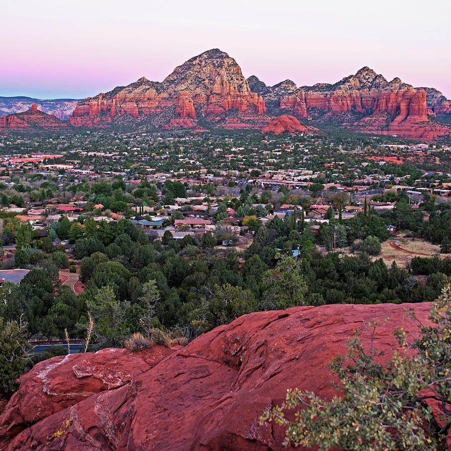 Looking down on Sedona from Airport Mesa Sunrise 2 Square Photograph by Toby McGuire