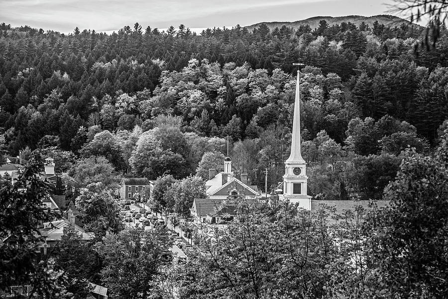 Looking Down on Stowe Vermont Main Street Fall Fall Foliage Black and White Photograph by Toby McGuire