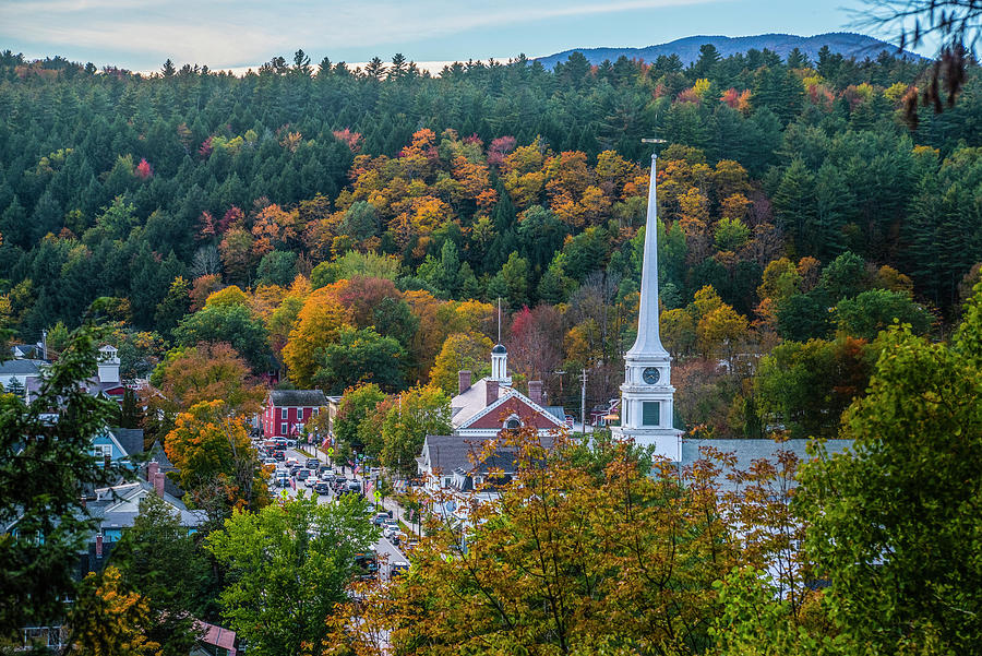 Looking Down on Stowe Vermont Main Street Fall Fall Foliage Photograph by Toby McGuire