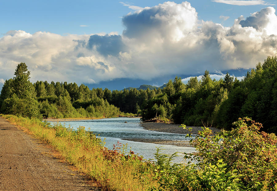 Looking Downstream On The Kitimat River In The Evening Sun, British Columbia, Canada. Photograph