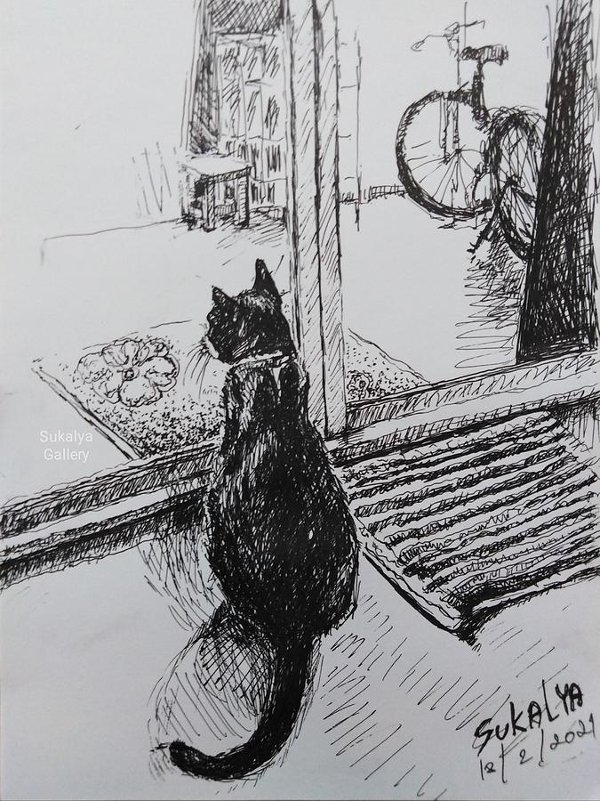 Looking for the Neighbor Cat Drawing by Sukalya Chearanantana