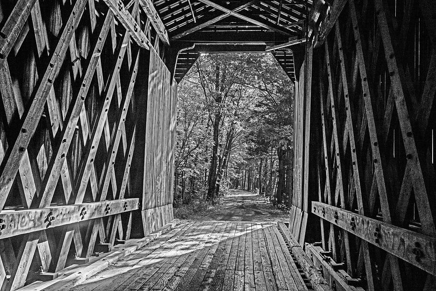 Looking out of the Pier Covered Bridge in the Fall Newport NH Black and White Photograph by Toby McGuire