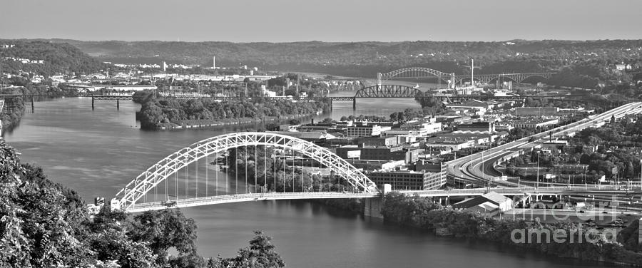 Looking Out Over The Pittsburgh West End Bridge Panorama Black And White Photograph by Adam Jewell