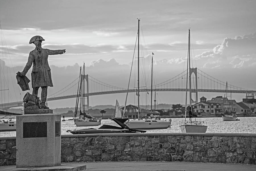 Looking over the Harbor Pell Bridge Newport Harbor Newport RI Rhode Island Statue Black and White Photograph by Toby McGuire