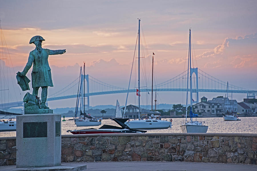 Looking over the Harbor Pell Bridge Newport Harbor Newport RI Rhode Island Statue Photograph by Toby McGuire