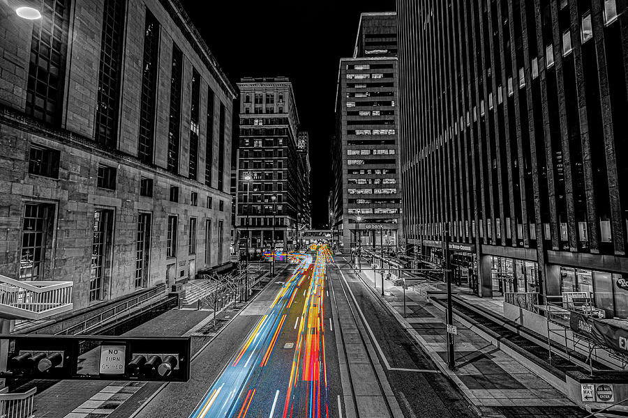 Looking South Down Walnut Street Cincinnati Ohio Black and White With Color Photograph by Dave Morgan