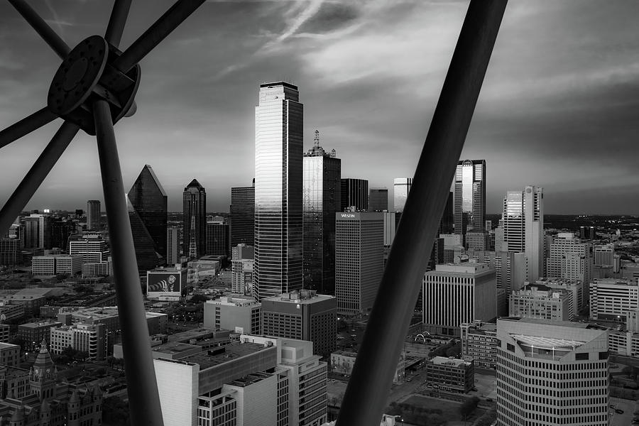 Looking Through Reunion Tower - Dallas Skyline Monochrome Photograph