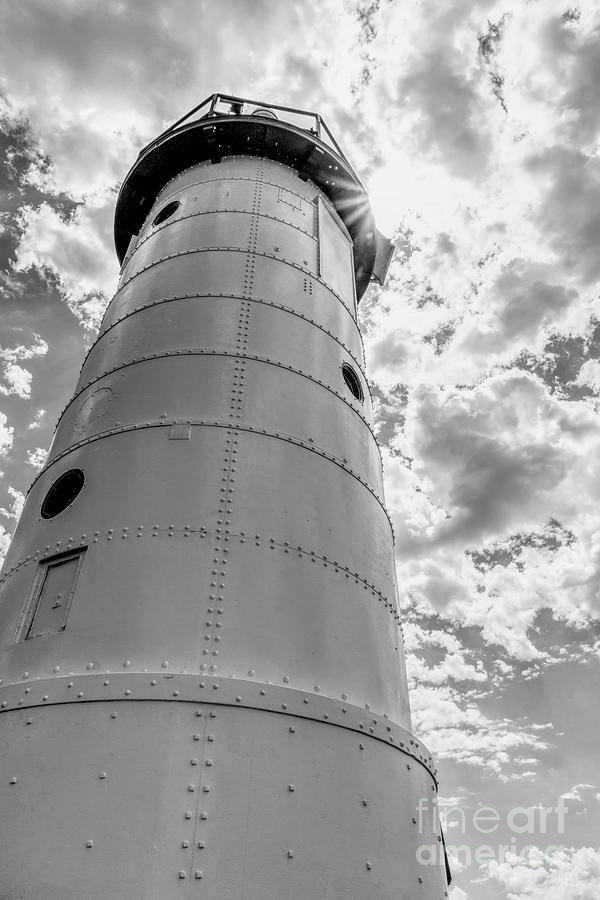 Looking Up Manistee Lighthouse Sunrays Grayscale Photograph by Jennifer White