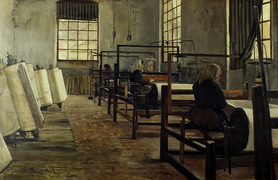 Looms, women weaving. Oil on canvas. Painting by Santiago Rusinol -1861-1931-