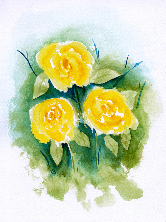 Loose Roses 3 - Yellow Roses Painting by Conni Schaftenaar