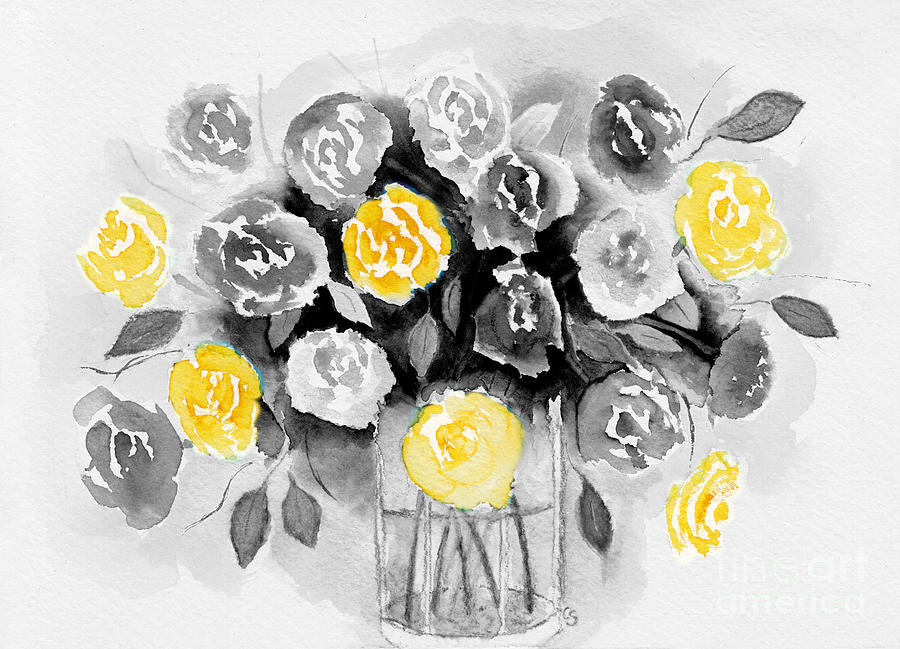 Loose Roses Still Life in Selective Color Yellow Digital Art by Conni Schaftenaar