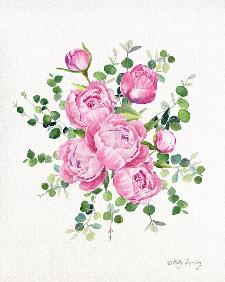 Loose Watercolor Peonies and Eucalyptus Painting by Melly Terpening