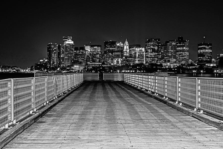 LoPresti Park East Boston MA Skyline Down the Pier Black and White Photograph by Toby McGuire