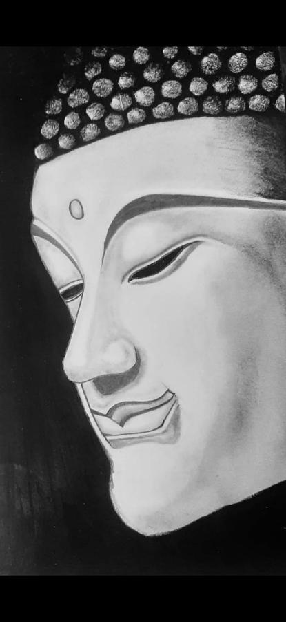 A Captivating Charcoal Sketch Print of Lord Buddha on White Background