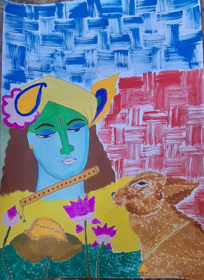 Lord Krishna Painting - Lord Krishna with cow abstract painting by Kiruthika S