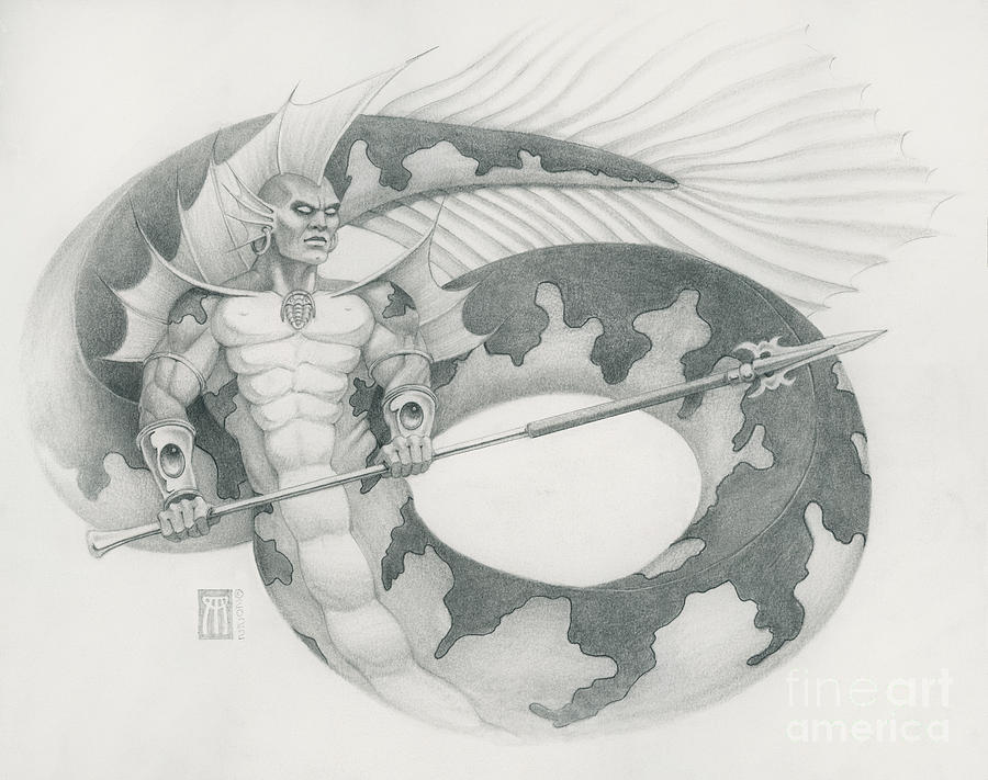 Lord of Atlantis in Black and White Drawing by Melissa A Benson
