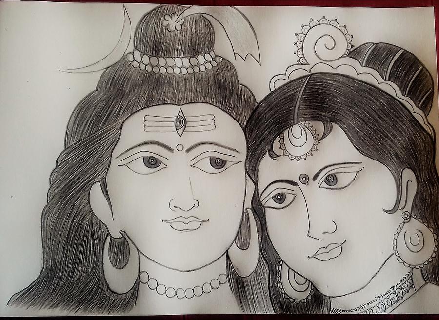 Lord Shivan and Goddess Paarvathi Drawing by Varshiny R S T