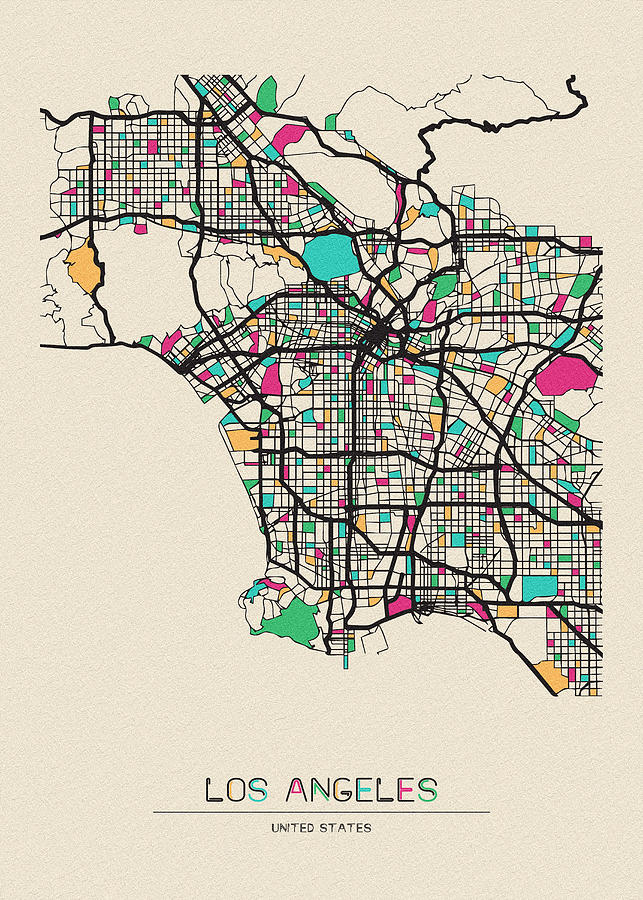 Los Angeles, California City Map Drawing by Inspirowl Design