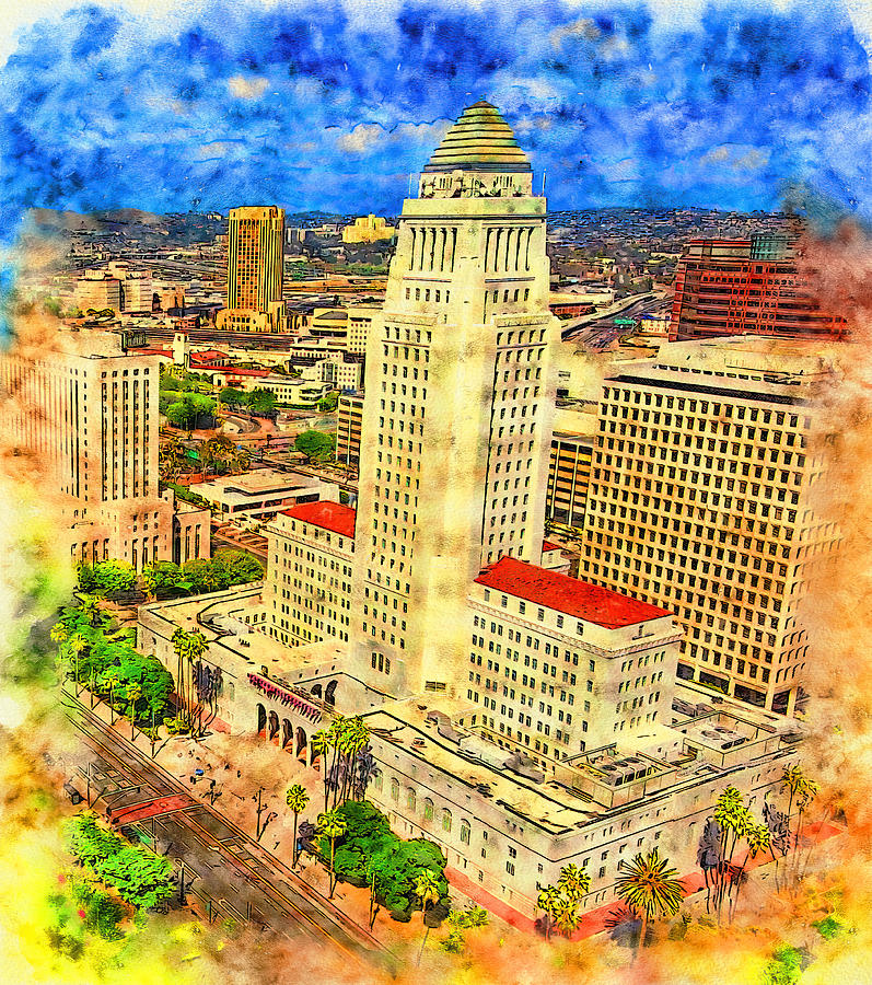 Los Angeles City Hall - pen and watercolor Digital Art by Nicko Prints