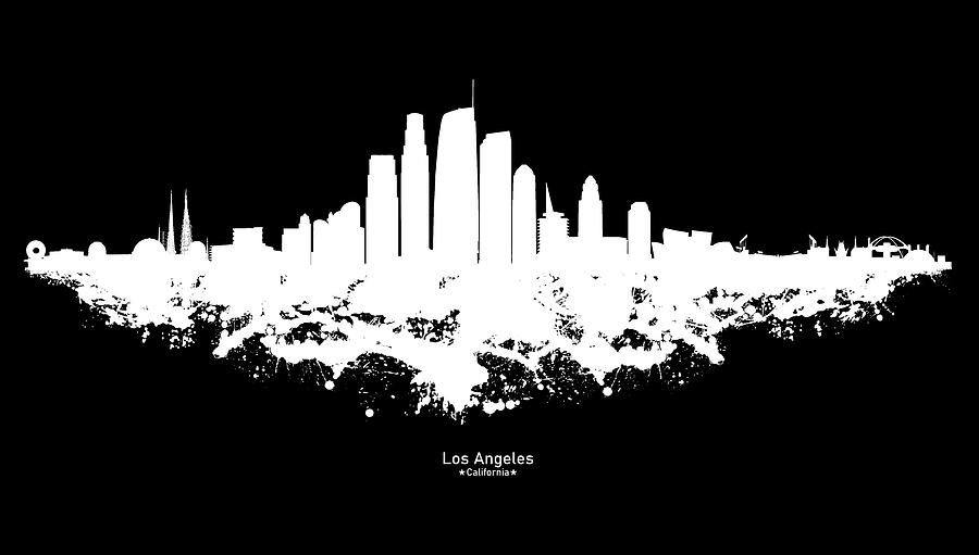 Los Angeles City Skyline Watercolor - White on Black Background with Caption Digital Art by SP JE Art