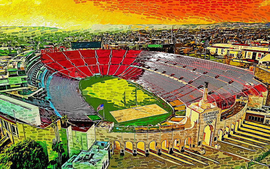 Los Angeles Memorial Coliseum at sunset - impressionist painting Digital Art by Nicko Prints