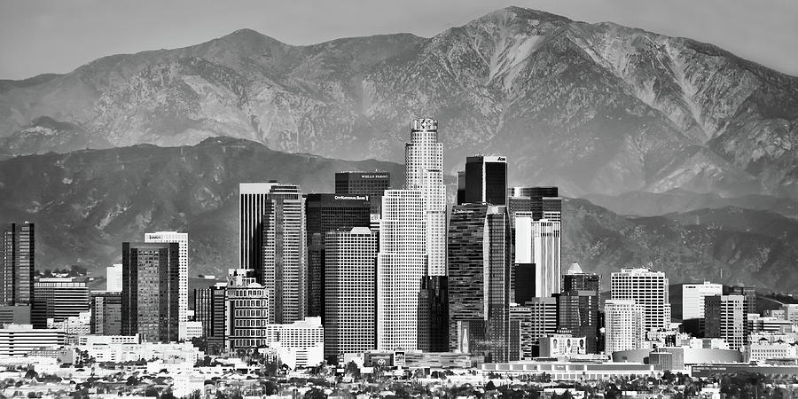 City Of Angels Photograph - Los Angeles Panoramic Skyline and Mountain Landscape - Black and White by Gregory Ballos