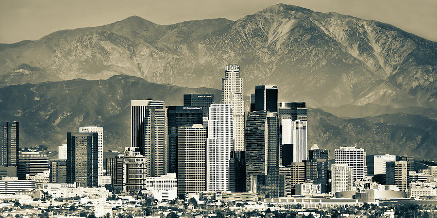 Los Angeles Panoramic Skyline And Mountain Landscape In Sepia Photograph By Gregory Ballos