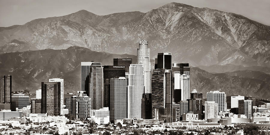 Los Angeles Panoramic Skyline and Mountains in Sepia Photograph by Gregory Ballos