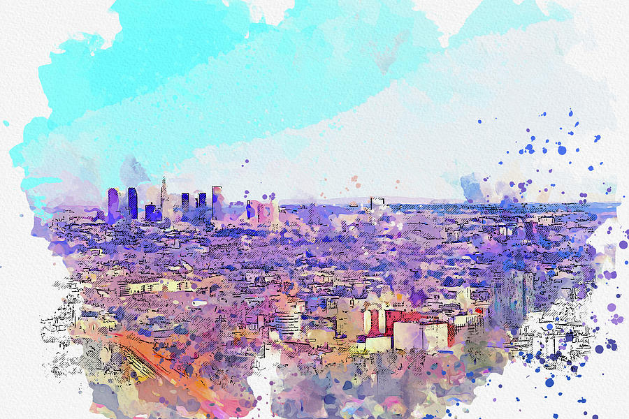 Los Angeles Skyline 4, Watercolor Travel Poster, By Ahmet Asar Painting