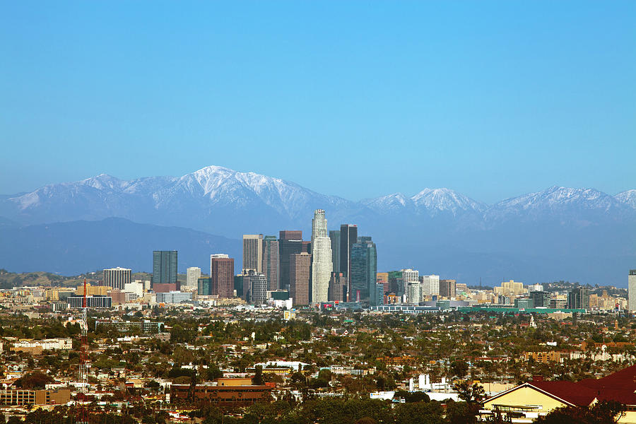 Los Angeles Skyline and a snow covered Mount Baldy a few days af ...