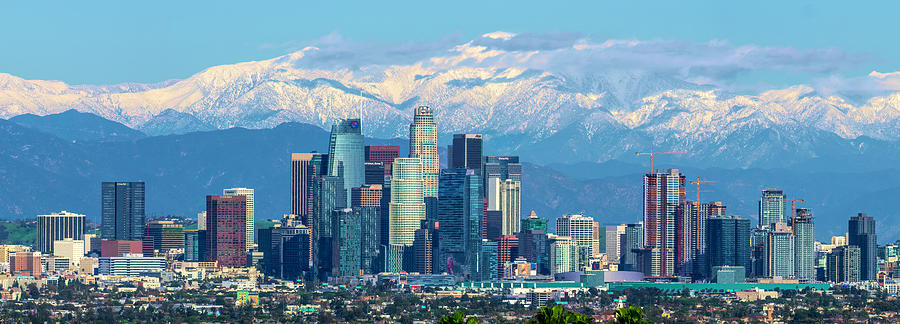 Los Angeles Skyline and Snow Topped Mountains Pano Photograph by Lindsay Thomson