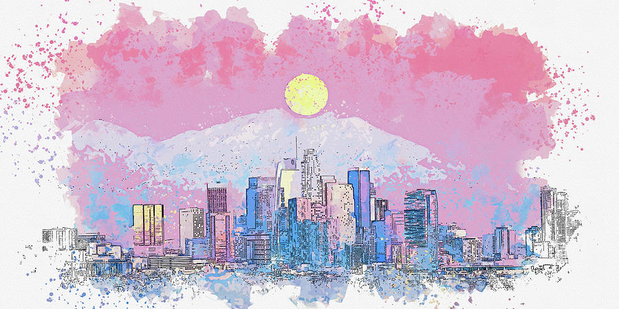 Los Angeles Skyline Mountains Full Moon San Gabriel Mountains La Cityscape Winter Snow Moonrise_0172 Painting