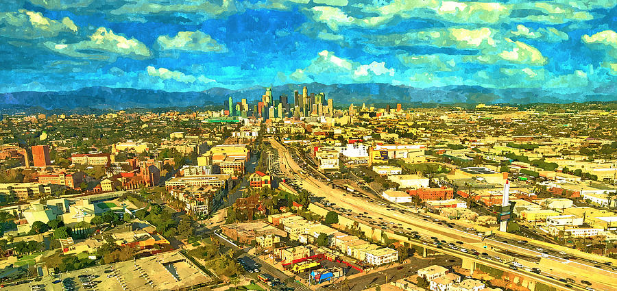 Los Angeles skyscrapers and the Harbor Freeway seen from the south - watercolor painting Digital Art by Nicko Prints