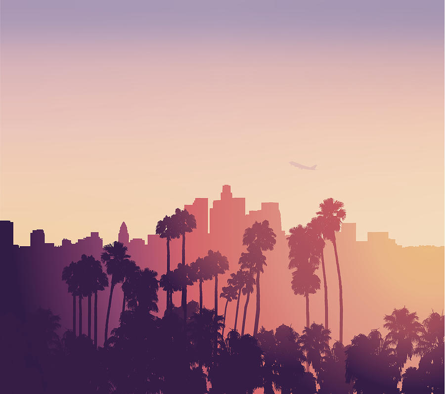 Los Angeles sunset scene with palm trees Drawing by Lpettet