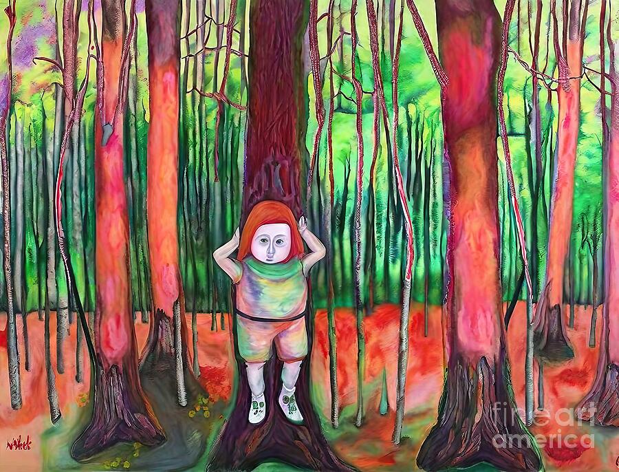 Tree Painting - Lost in the fairytale forest Painting Landscape dreams fairytale Forest girl trees green red contemporary Painting nature woman cartoon flowers cartoon snail forest landscape red flowers snail by N Akkash