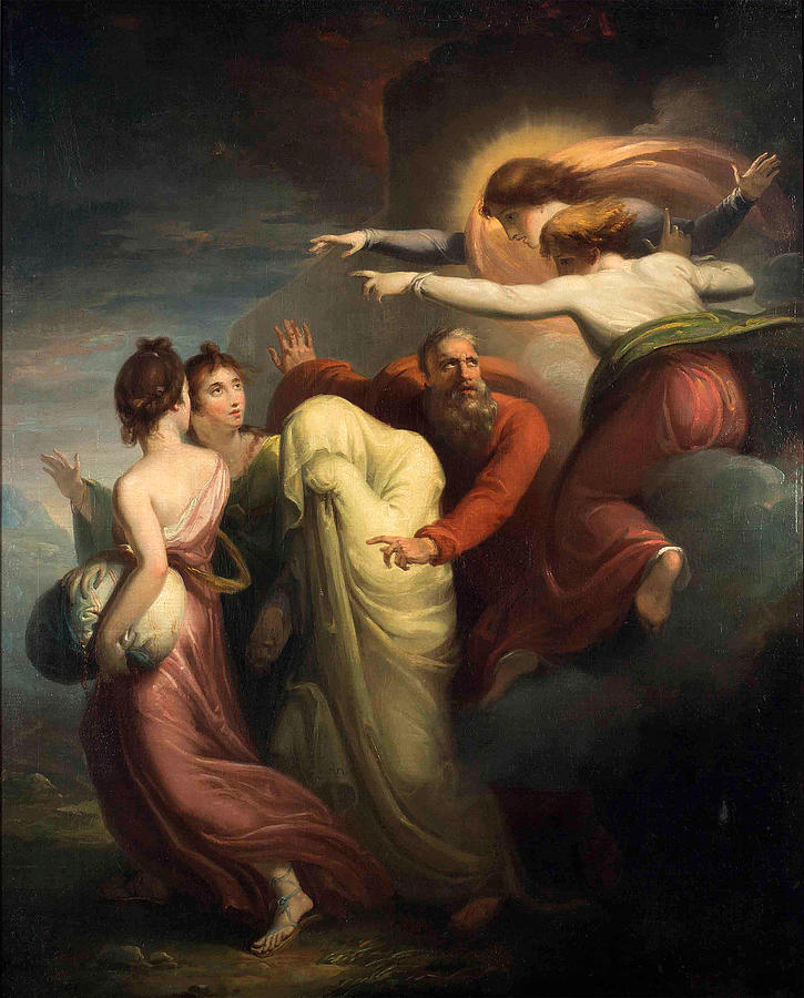 Lot with his wife and daughters cast out of Sodom  Painting by William Hamilton